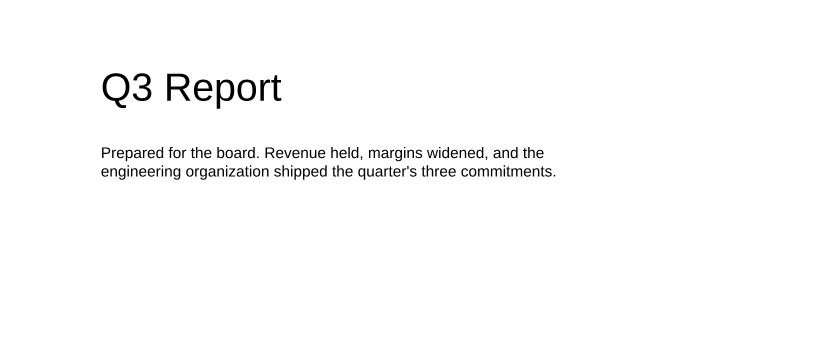 The top of the composed page: a Q3 Report heading with a wrapped paragraph below it, rendered by pdfboss from the code on the left