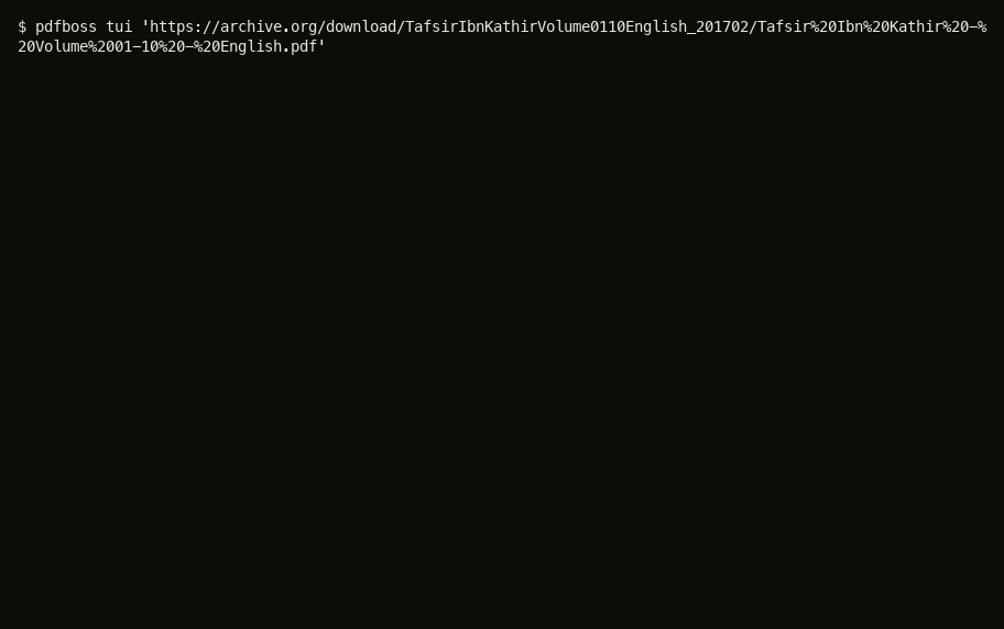 pdfboss tui opening a 6,610-page, 228 MiB PDF from archive.org: a coverage map fills in as ranged requests land, then the explorer opens on the live document